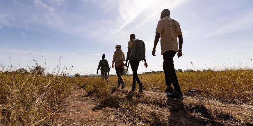 Gruppe von Menschen spaziert über die Savanne Tansanias